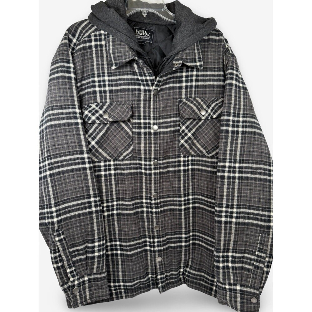 Eddie Bauer Jacket Mens XXL Black Gray Plaid Flannel Quilt Lined Insulate w/Hood
